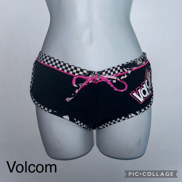 Volcom Boy Shorts Logo S Swimsuit Bikini Bottoms Black Check Pink Free B… - Picture 2 of 9